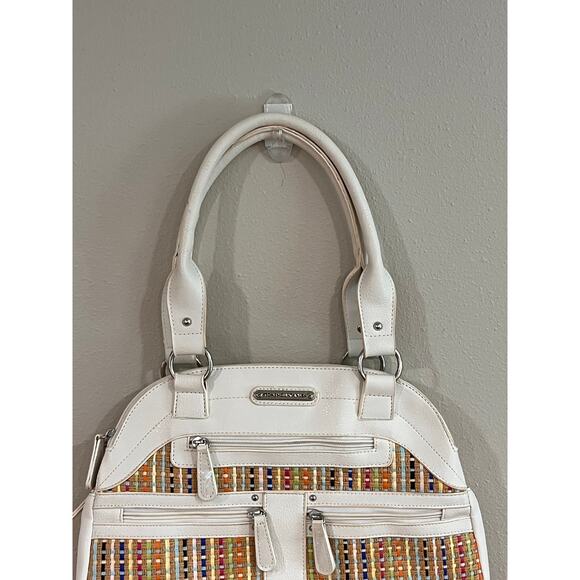 Stone Mountain Multicolor Straw Satchel Bag White Faux Leather Trim - Picture 3 of 16